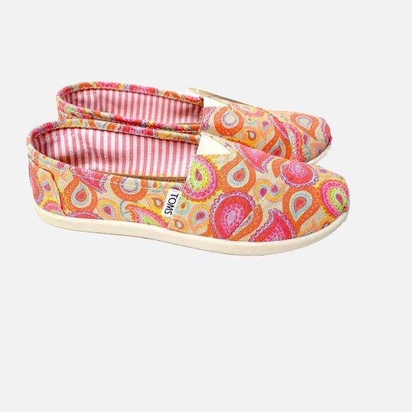 Toms Orange Paisley Print Slip On Flat Shoes Size Youth 4 EUR 36 Blue NEW - Picture 1 of 8